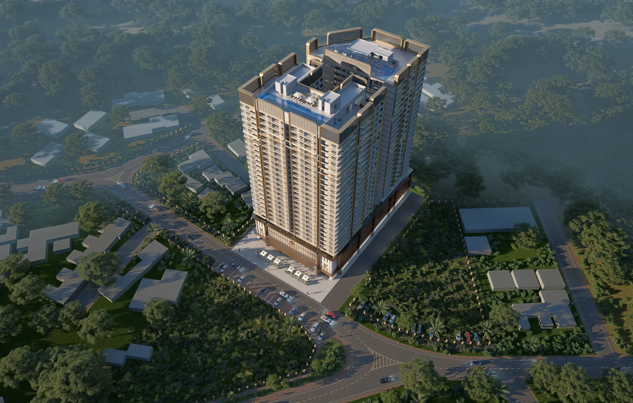 Aerial rendering of Brookside Oak Residency showing high-rise towers, a rooftop pool and surrounding tree-lined streets.