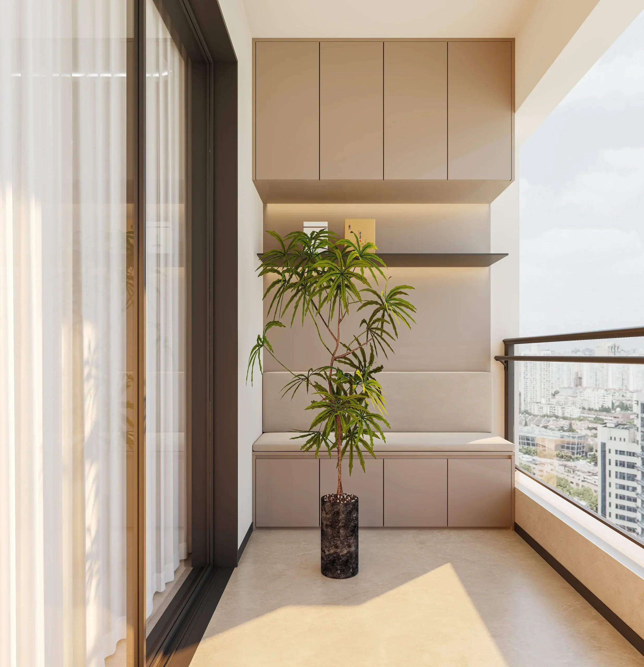 Balcony rendering at Brookside Oak Residency with built-in seating, overhead cabinets, a potted plant and glass railing.