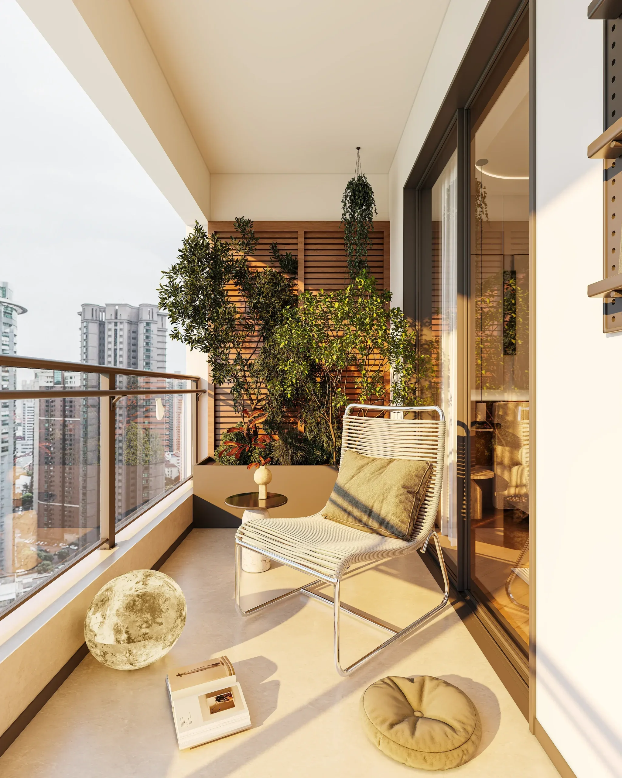 Balcony rendering at Brookside Oak Residency with a cushioned chair, plants and glass railing overlooking nearby buildings.