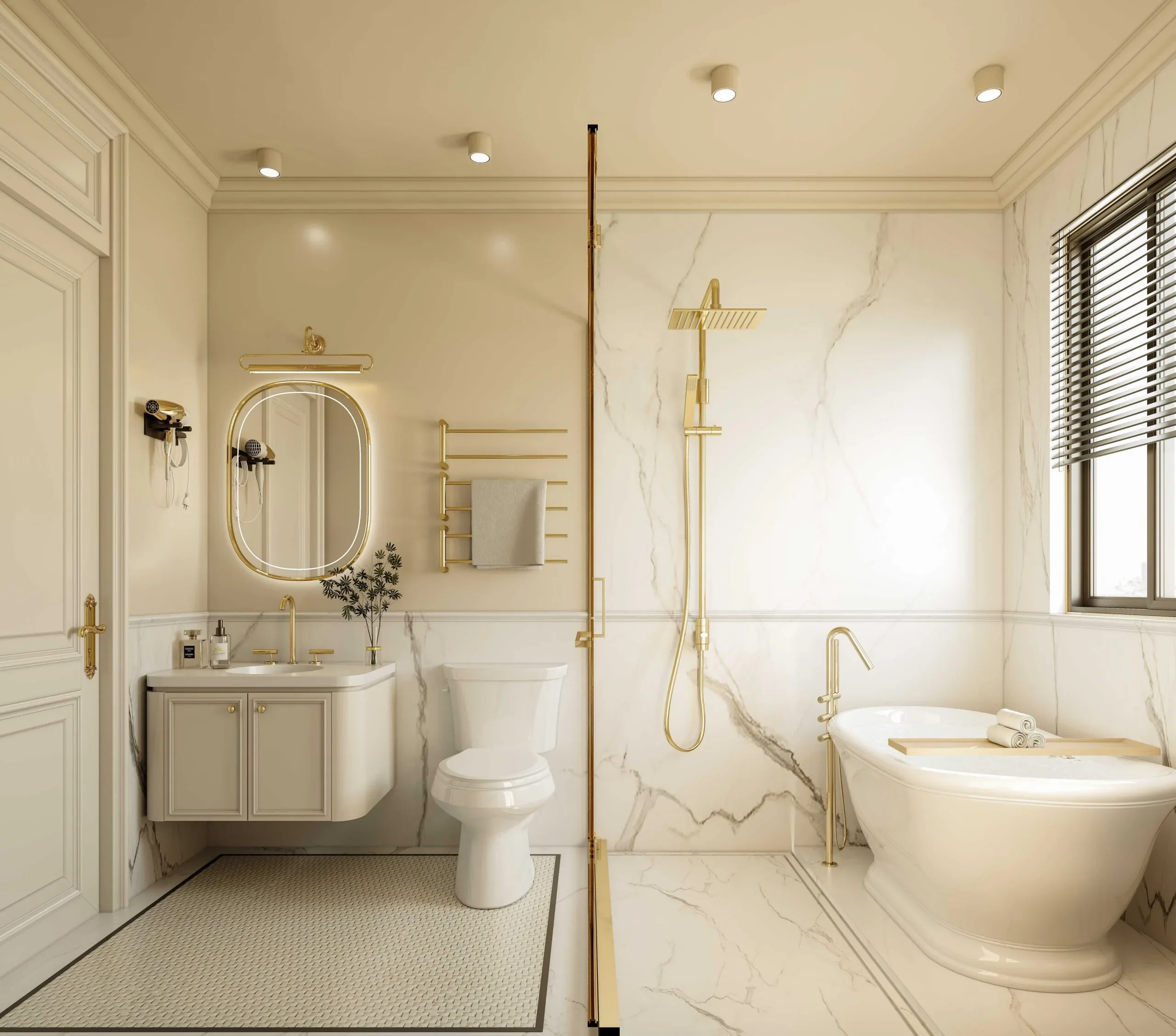 Bathroom rendering at Brookside Oak Residency with a freestanding bathtub, glass shower partition and gold-toned fixtures.