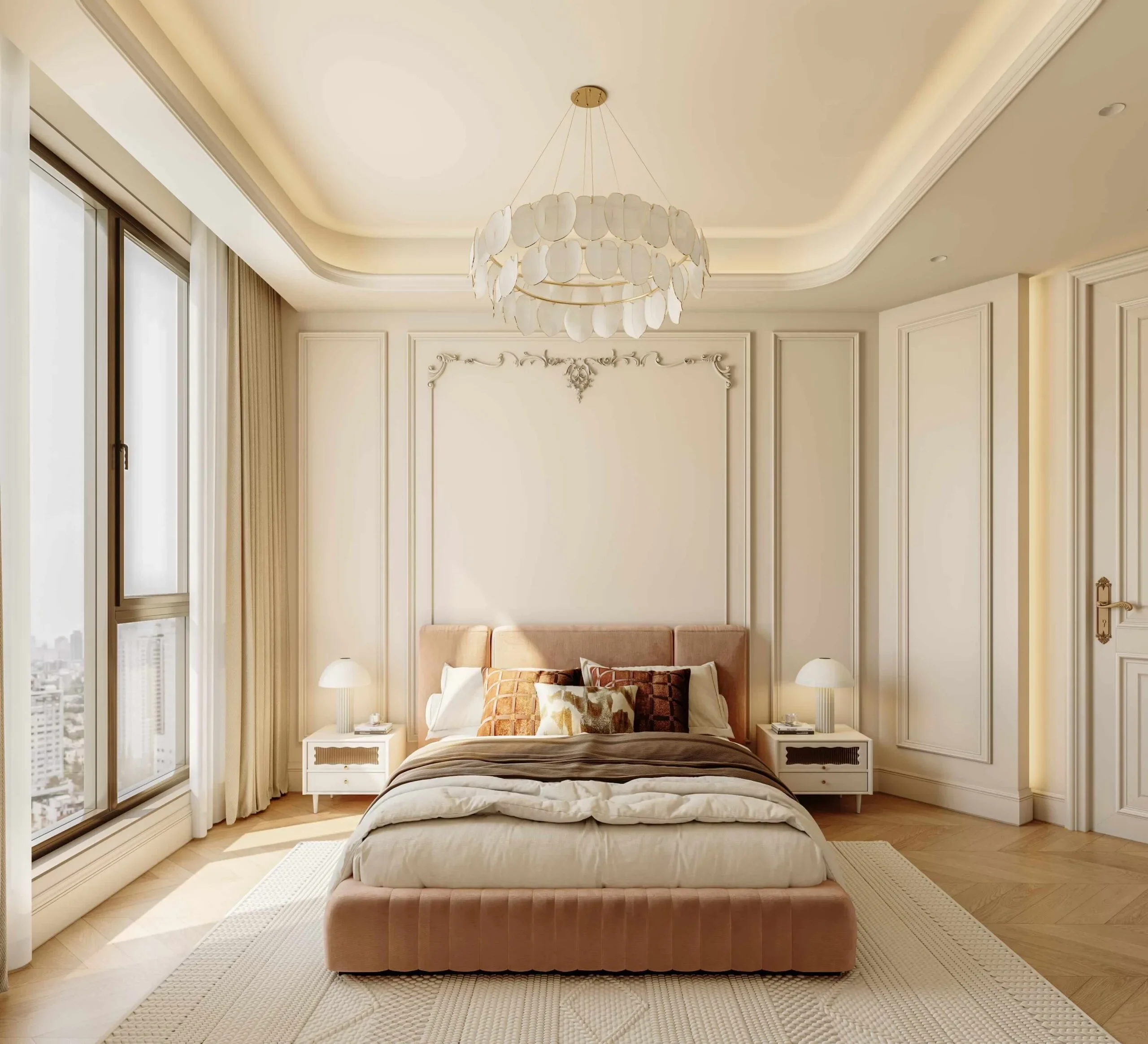 Bedroom rendering for Brookside Oak Residency with an upholstered bed, chandelier, tall windows and decorative wall mouldings.