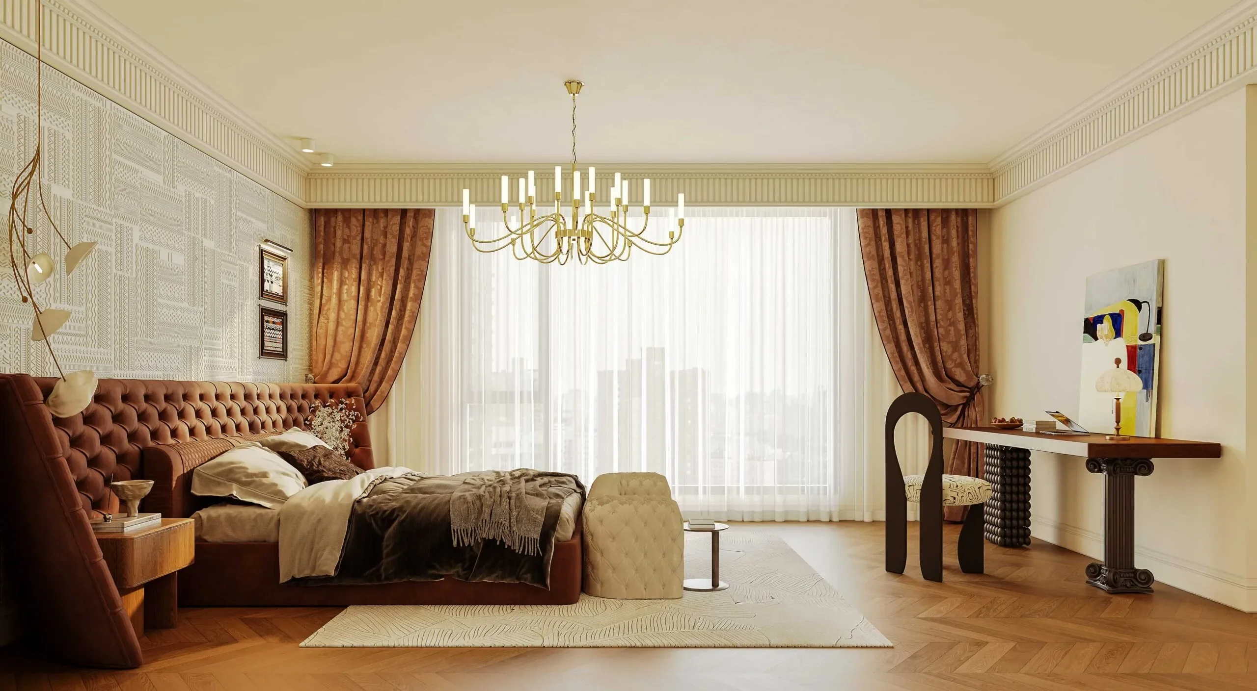 Bedroom at Brookside Oak Residency with a tufted headboard, chandelier, desk and large curtained windows.