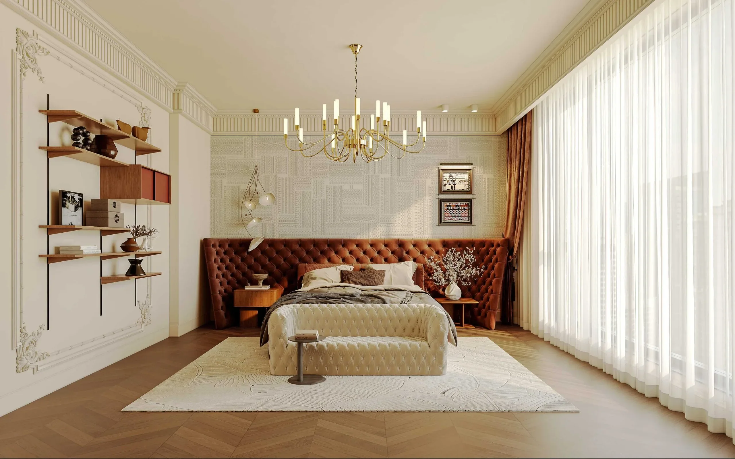 Bedroom at Brookside Oak Residency with a rust-coloured tufted headboard, chandelier and floor-length sheer curtains.