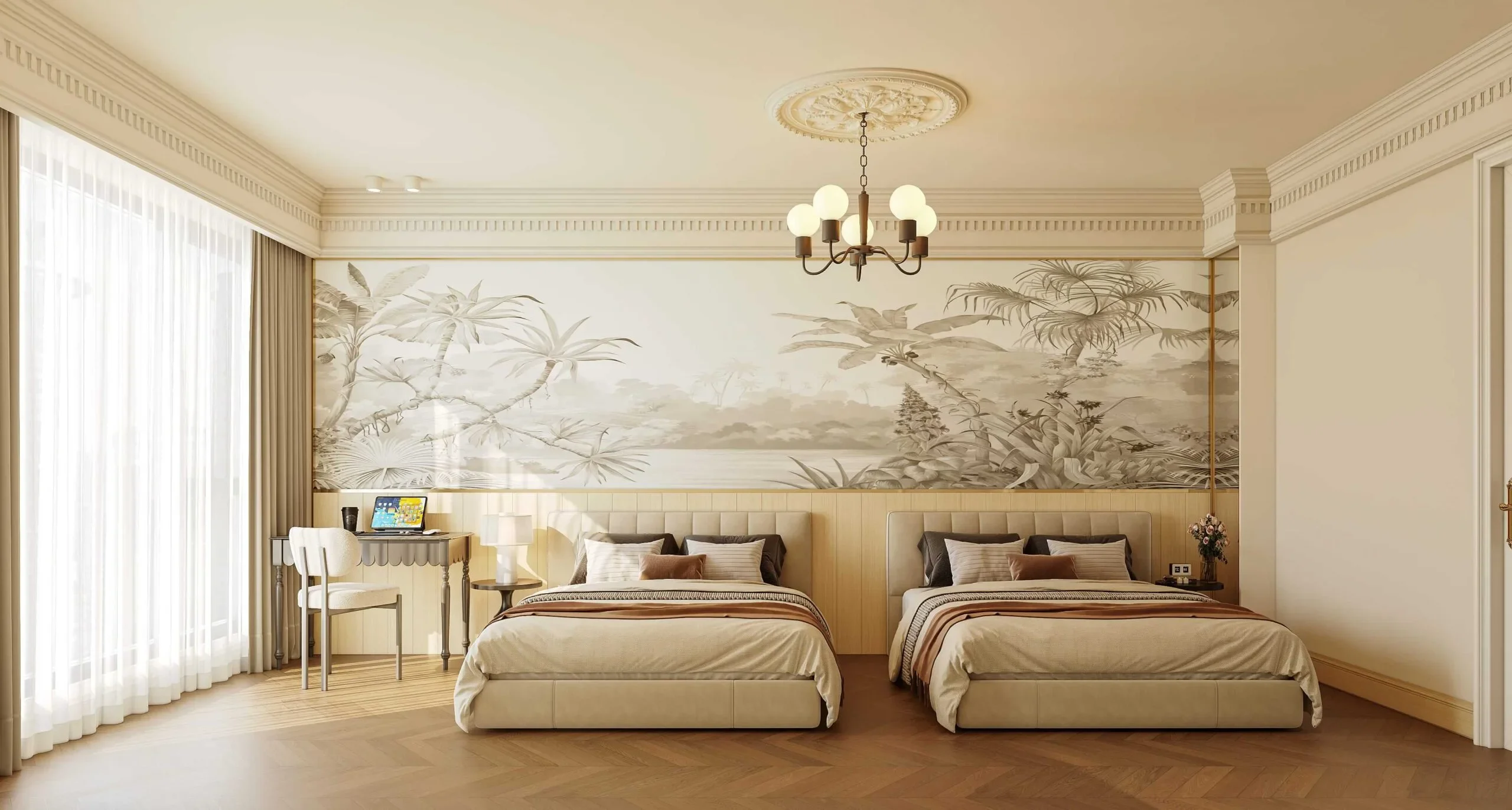 Bedroom with two upholstered beds, a botanical mural and a desk at Brookside Oak Residency.