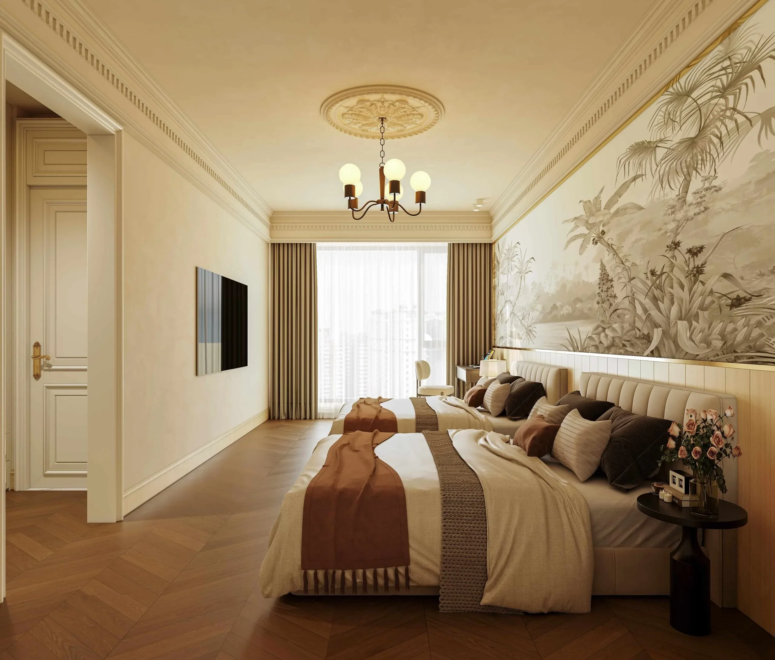Bedroom at Brookside Oak Residency with two beds, a botanical wall mural and a globe chandelier.