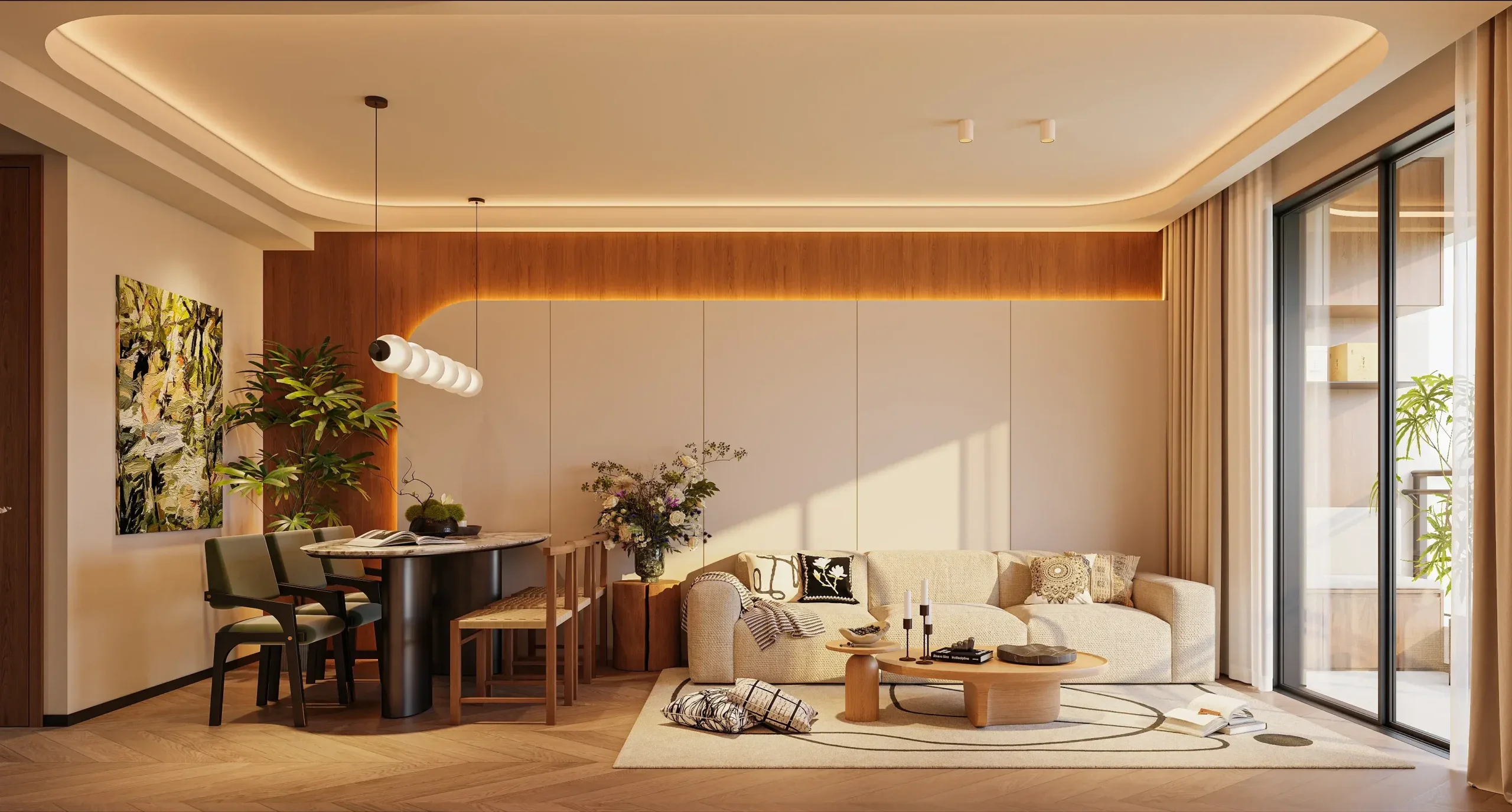 Brookside Oak Residency living and dining area rendering with a cream sofa and sliding glass doors.