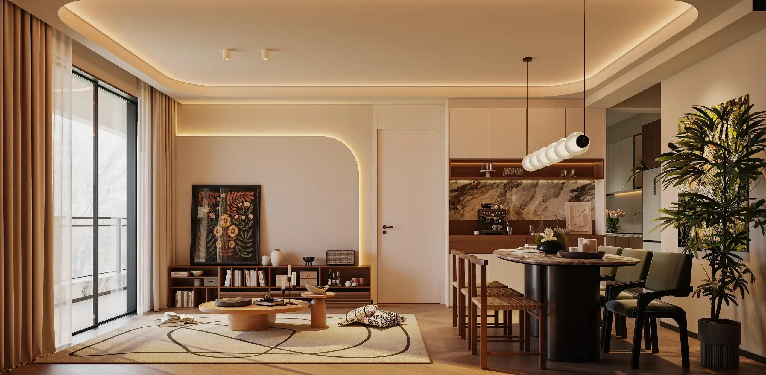 Living and dining area rendering at Brookside Oak Residency, with pendant lighting and sliding balcony doors.