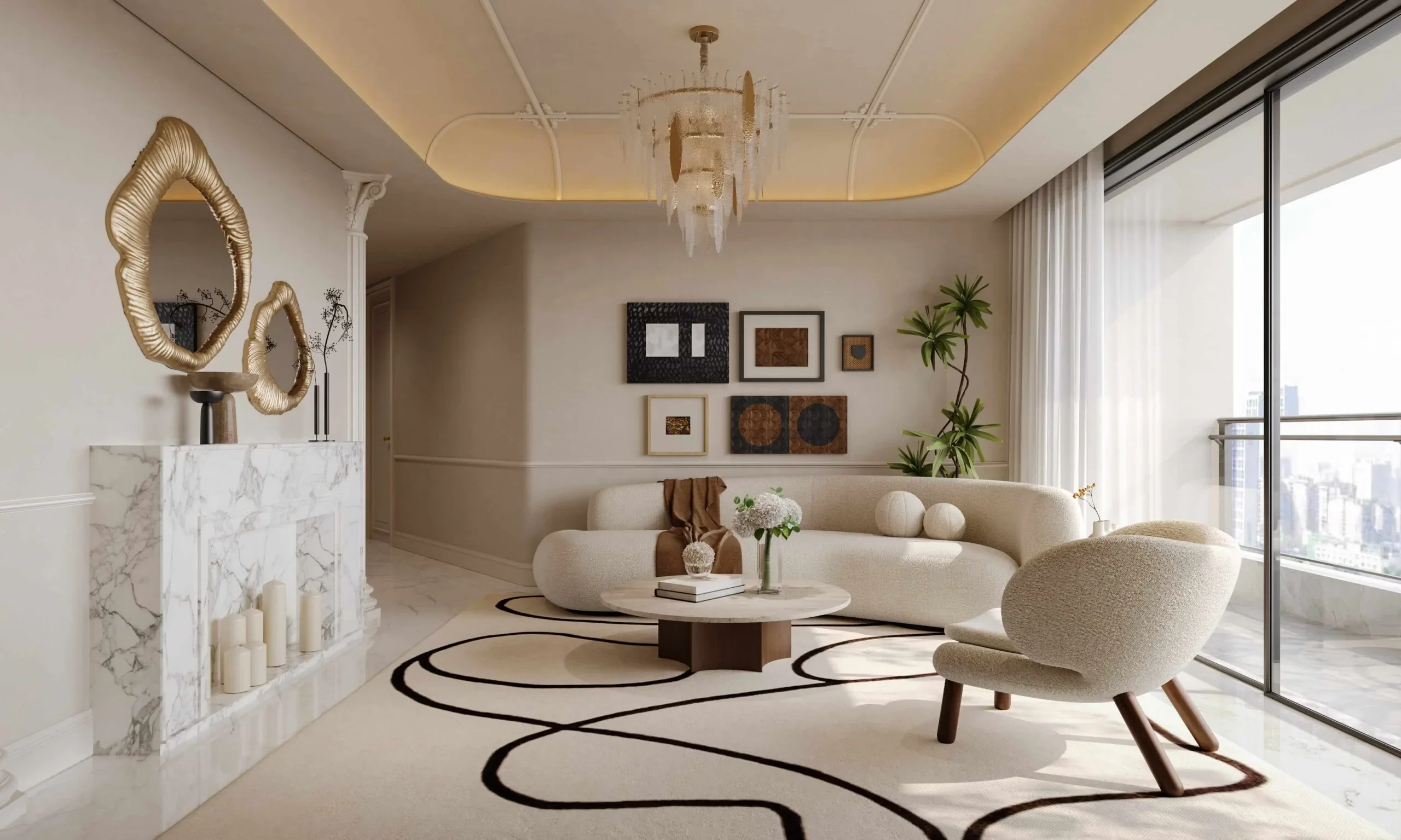 Living room rendering at Brookside Oak Residency with cream seating, a chandelier and glass balcony doors.