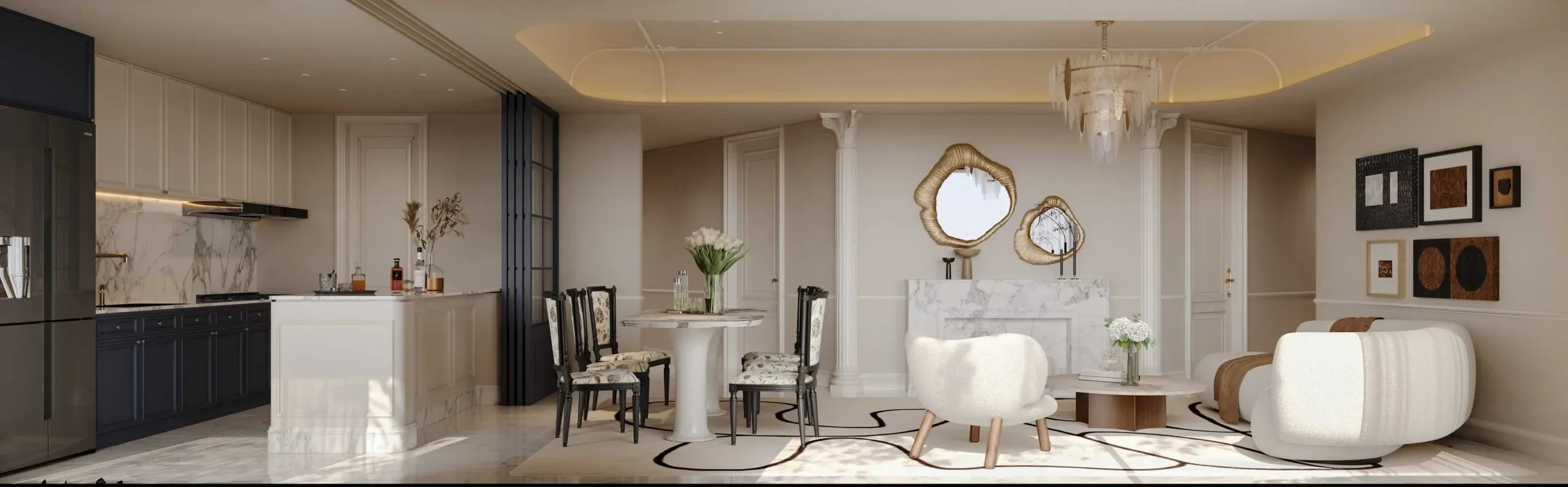 Rendering of Brookside Oak Residency's open-plan kitchen, dining area and living room with curved white seating.