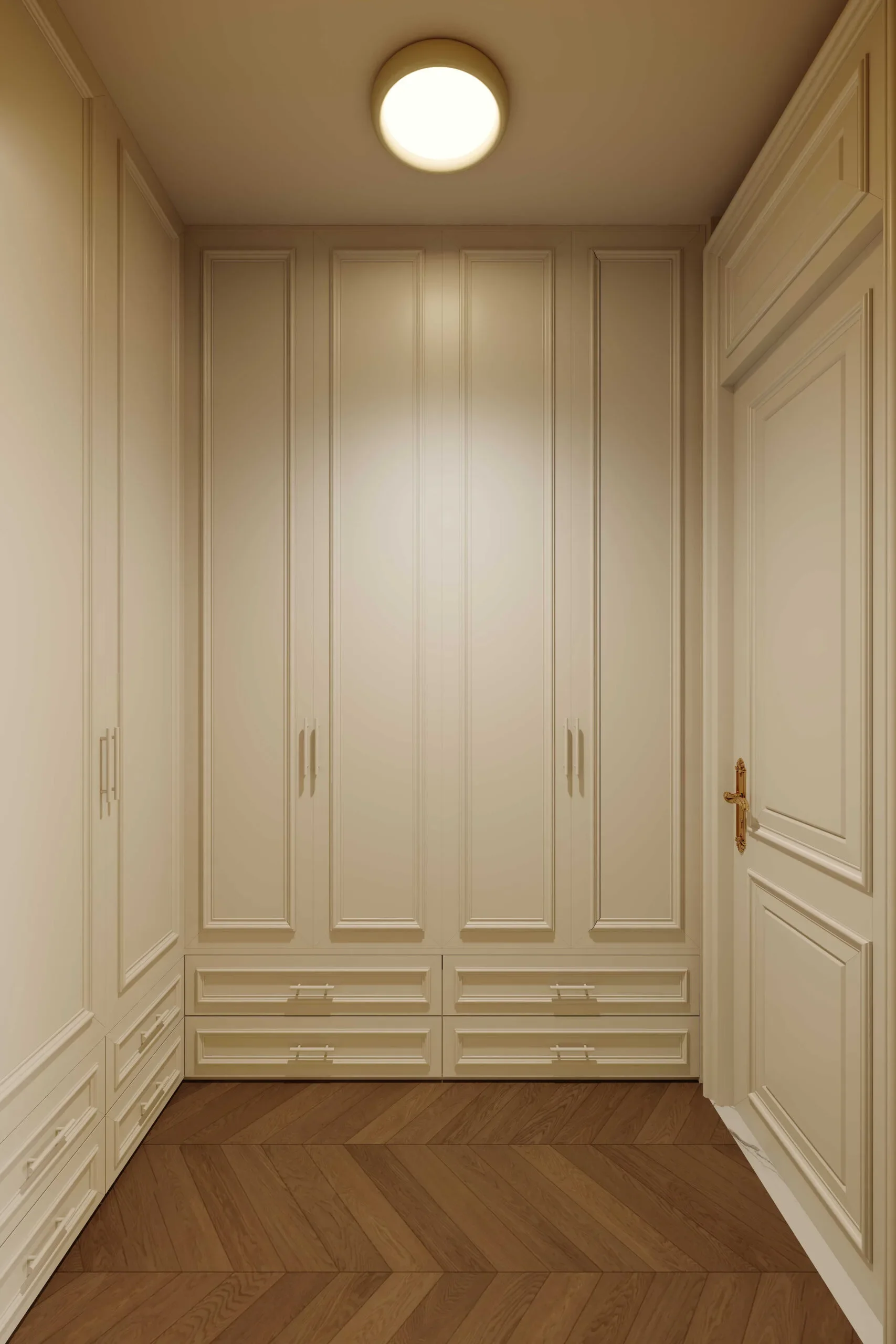 Cream panelled wardrobes with lower drawers and chevron-patterned wood-look flooring at Brookside Oak Residency.