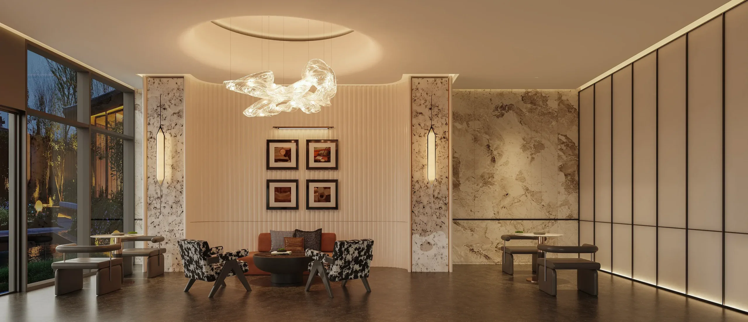 Rendered seating area at Brookside Oak Residency with patterned armchairs, an orange sofa and sculptural pendant lighting.