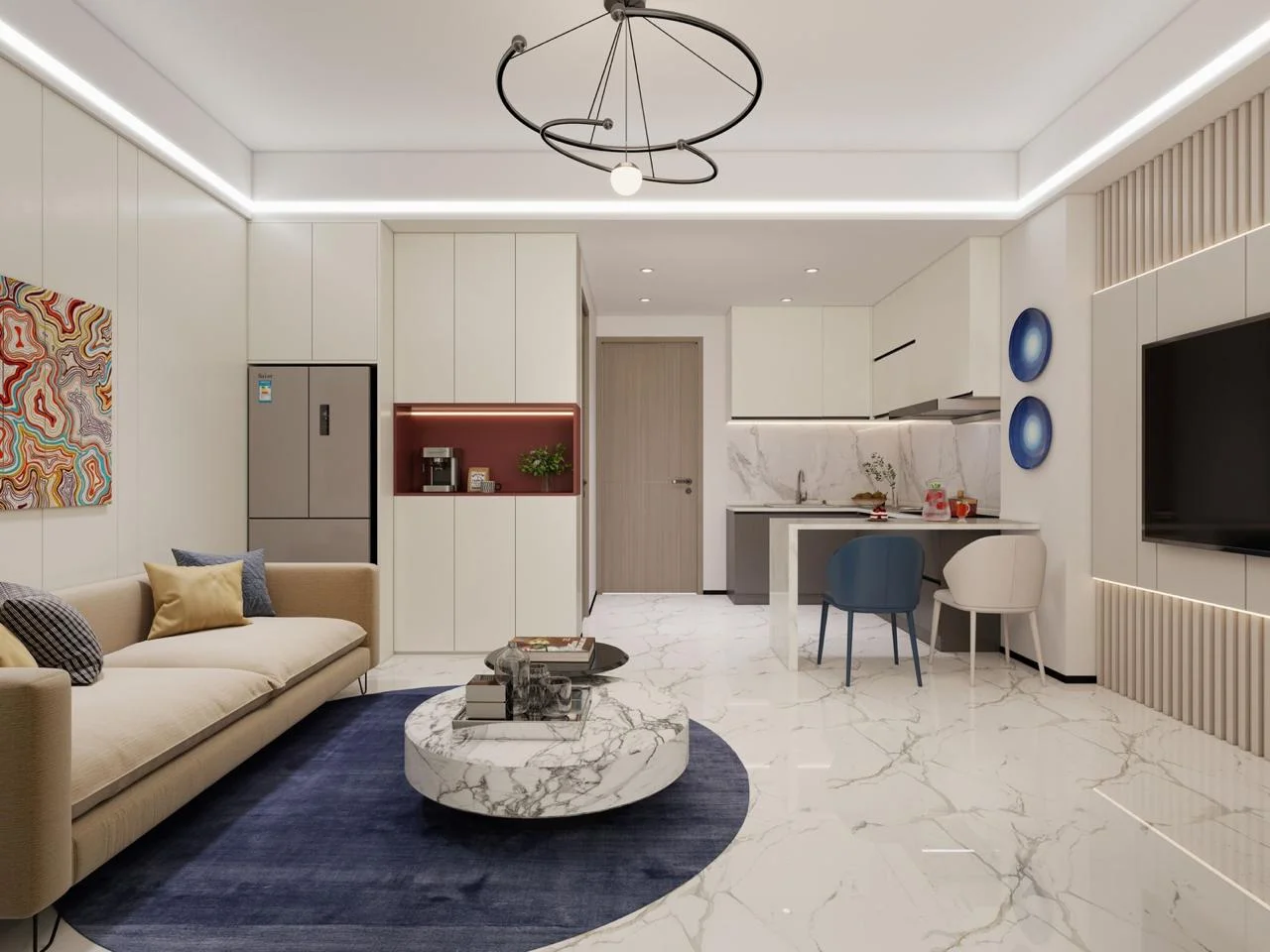 Calla Residency Westlands living area rendering with beige sofa, round coffee table and open-plan kitchen.