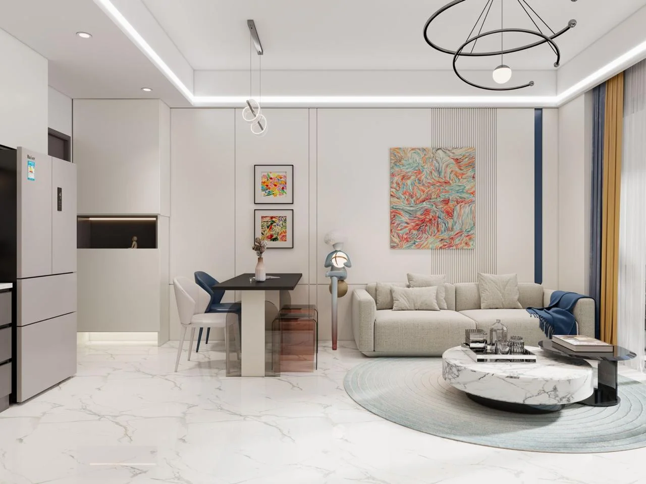Rendered living and dining area at Calla Residency, Westlands, with a sofa and round coffee table.