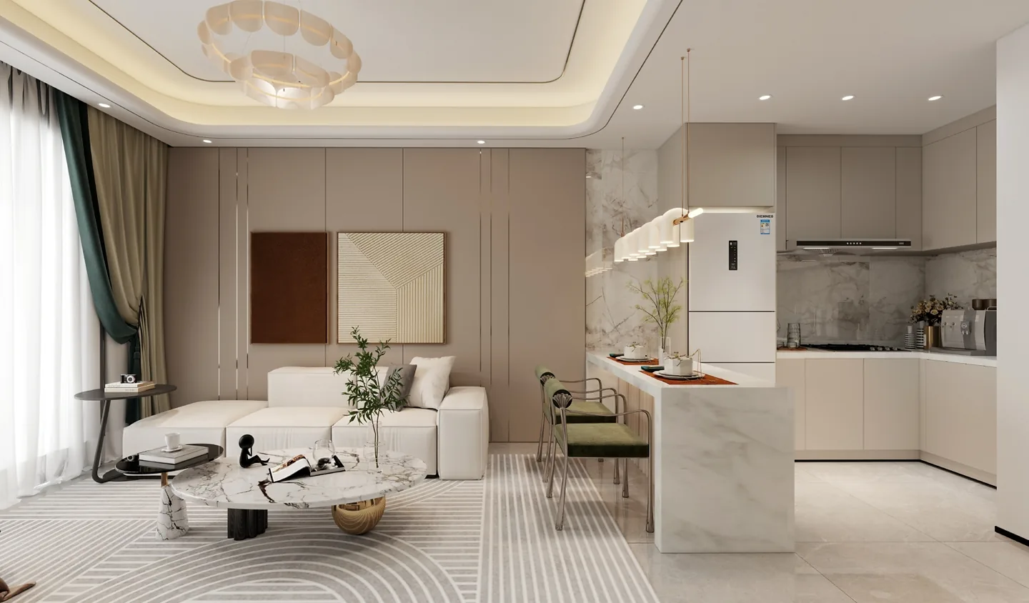 Open-plan living room and kitchen at Capital Aura Apartments, with a white sofa and breakfast bar.