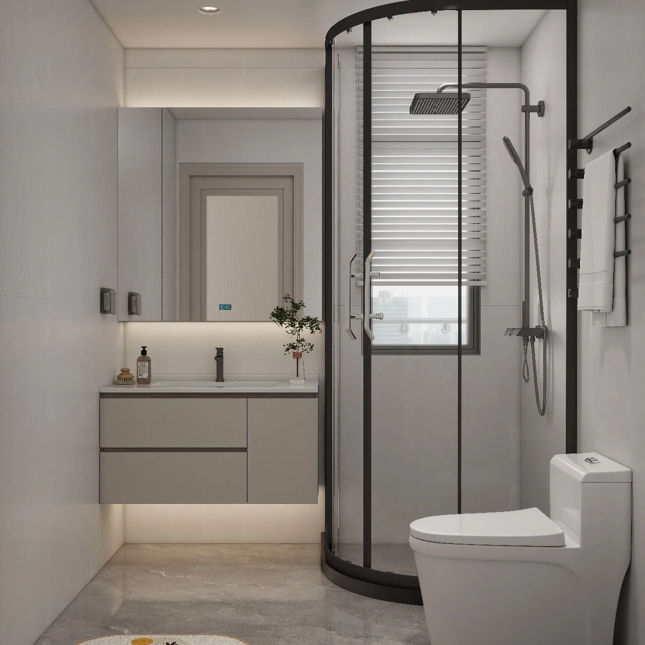 Bathroom rendering at Capital Vista Kilimani with a curved glass shower enclosure, floating vanity and toilet.