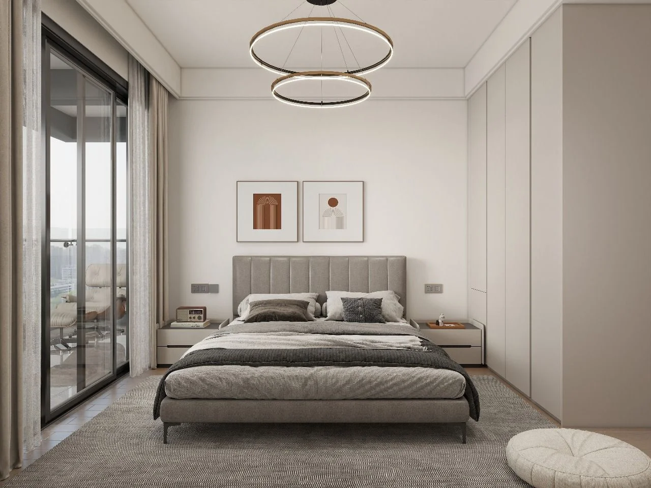 Bedroom rendering at Capital Vista, Kilimani, with an upholstered bed, fitted wardrobes and circular pendant lights.