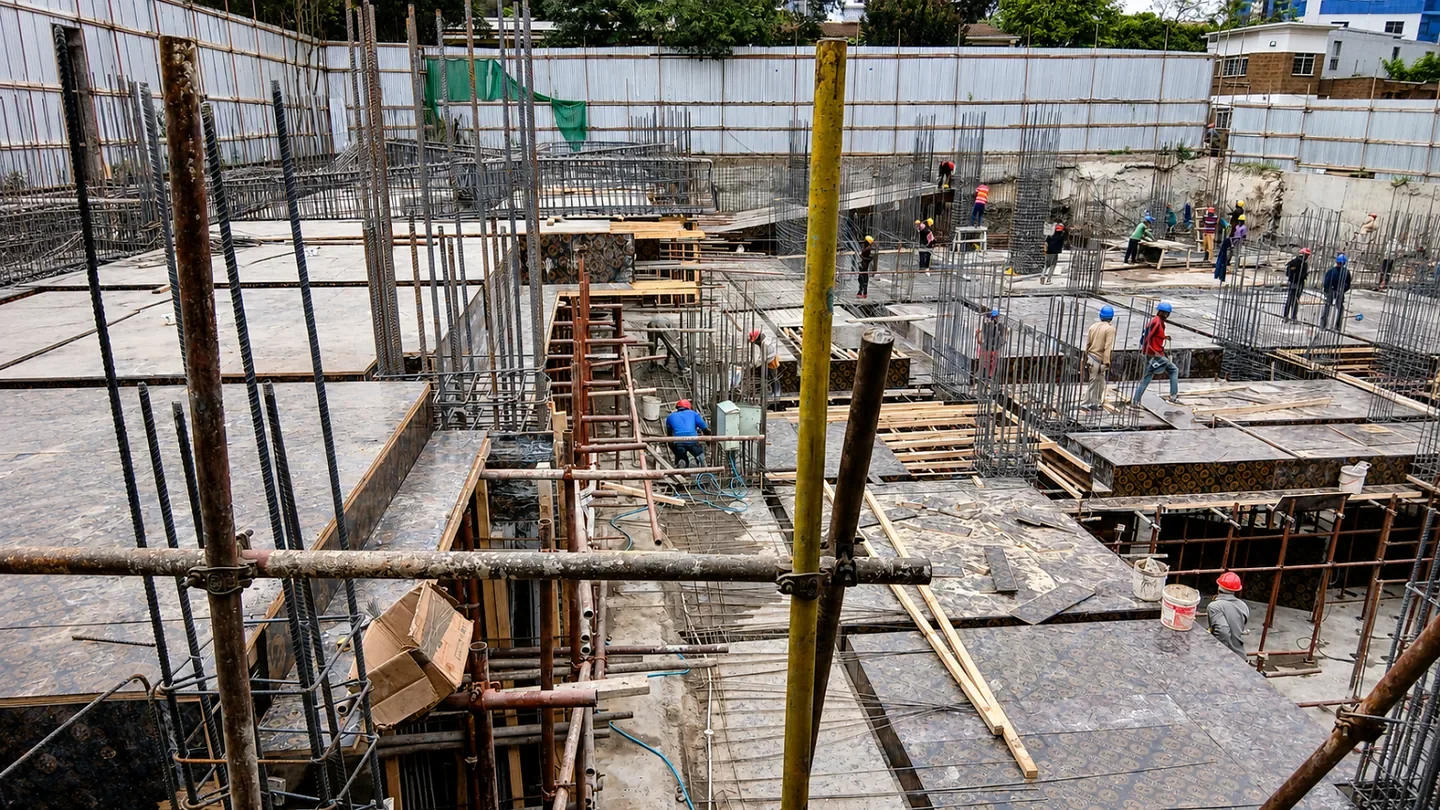 Workers among steel reinforcement, scaffolding and formwork at the Capital Vista construction site in Kilimani.