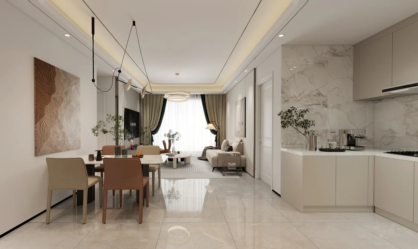 Capital Vista, Kilimani interior rendering showing an open-plan kitchen, dining table and living area with a sofa.