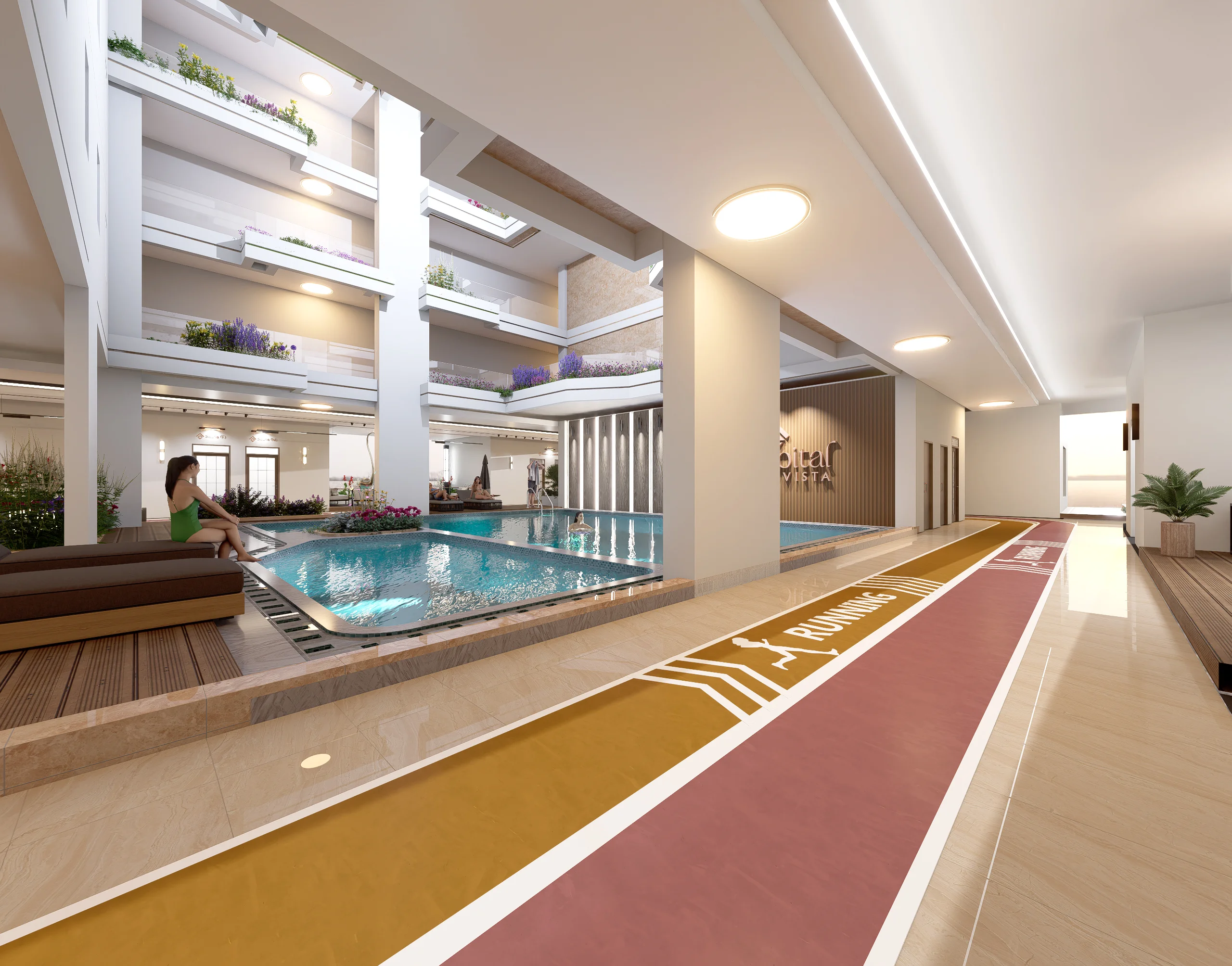 Rendering of Capital Vista Kilimani’s atrium swimming pool, with poolside loungers, planted balconies and marked jogging lanes.
