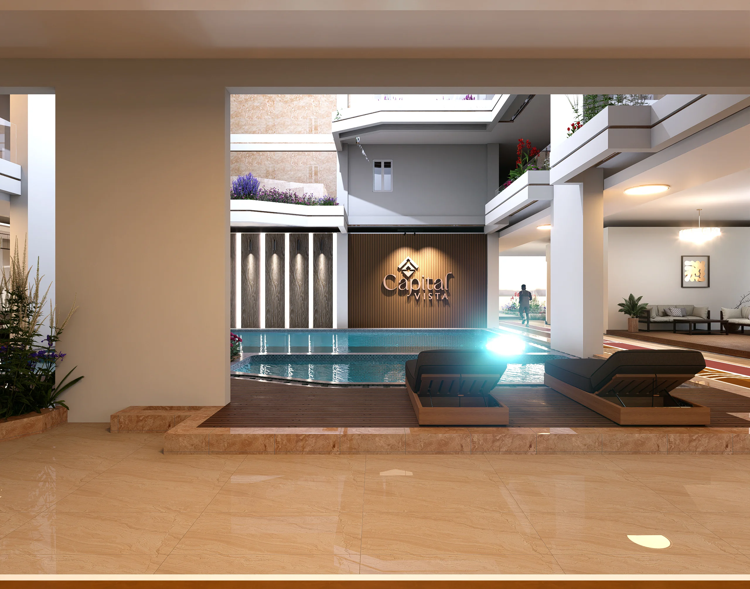 Swimming pool rendering at Capital Vista, Kilimani, with two loungers and an adjacent seating area.