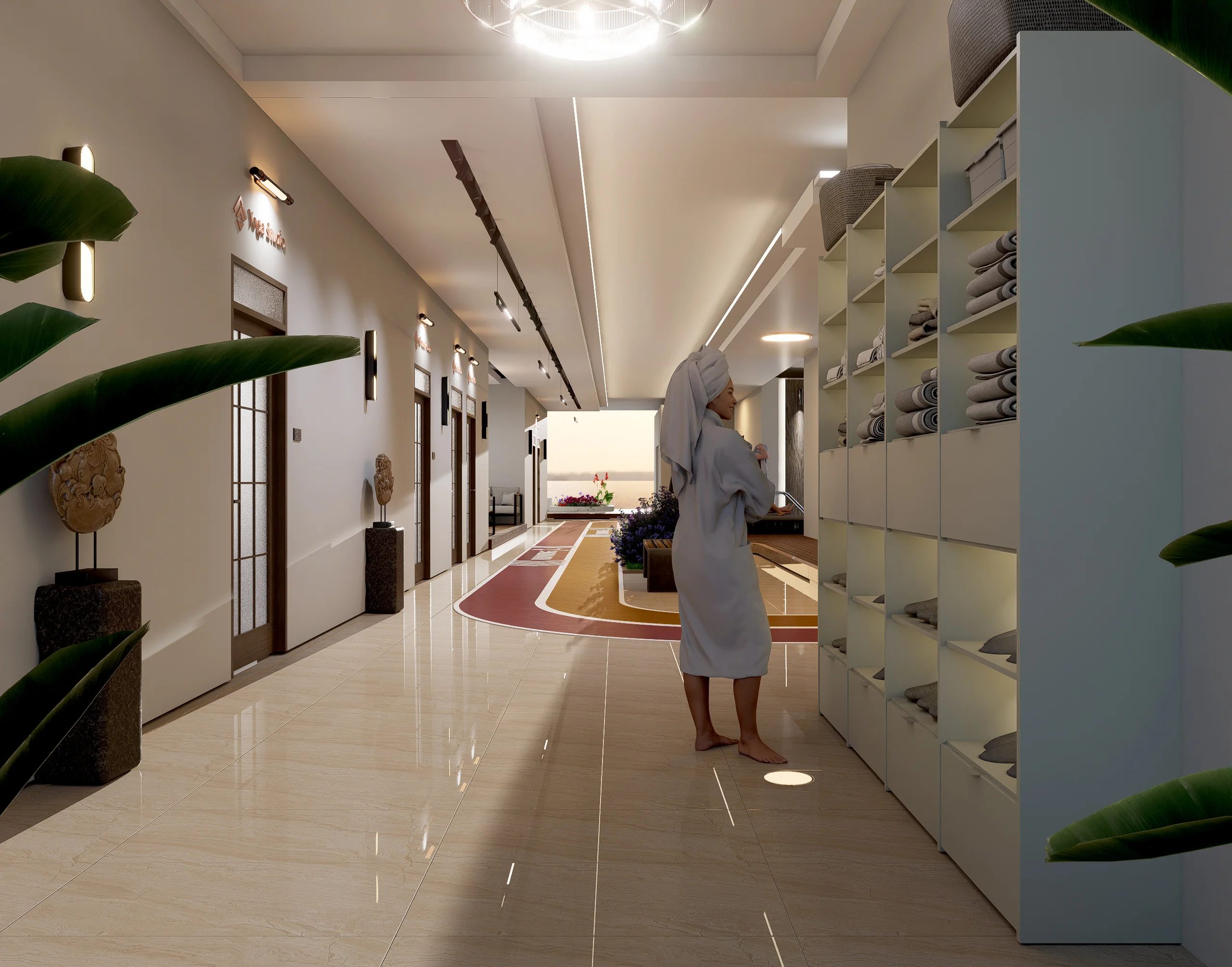 Rendered wellness corridor at Capital Vista, Kilimani, with towel shelves and a woman wearing a bathrobe.