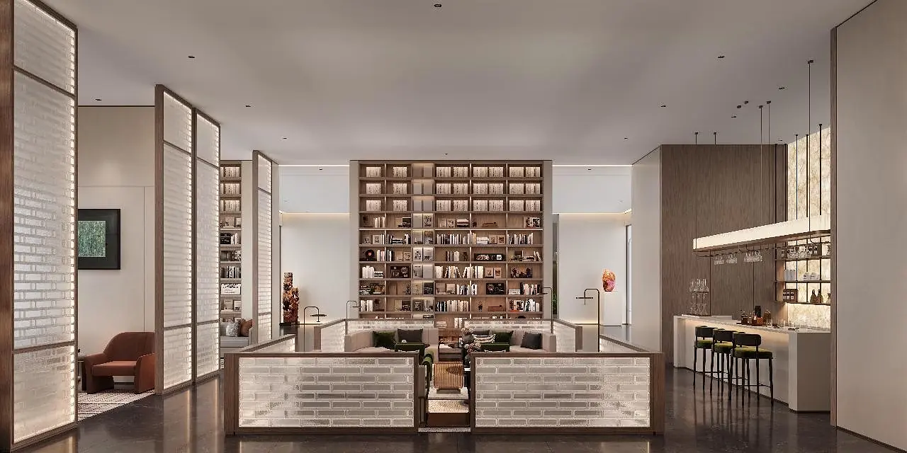 Cartier Villas Runda lounge rendering with tall bookshelves, illuminated partitions and a bar counter with stools.