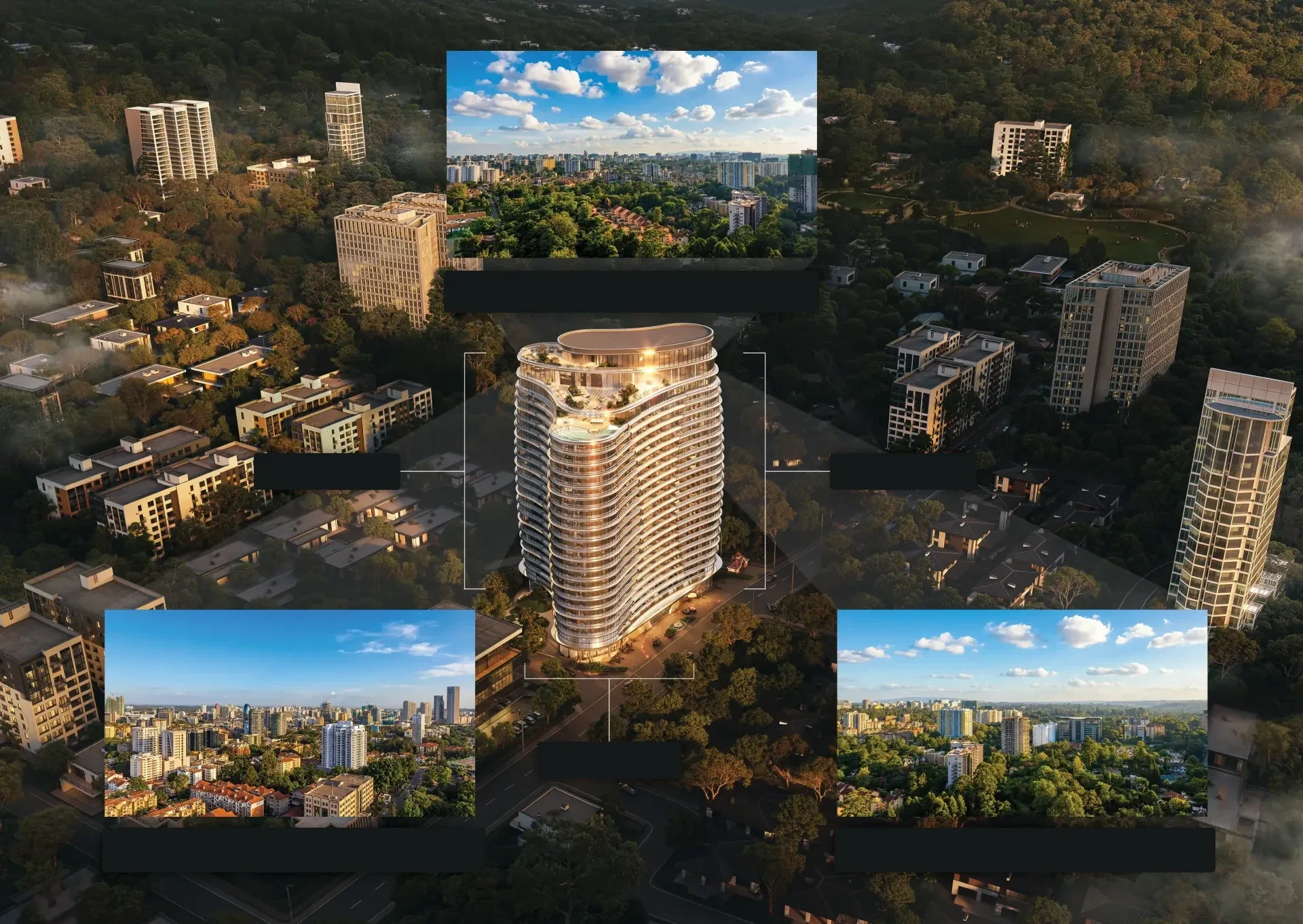 Aerial rendering of Cheval Riverside’s curved apartment tower with surrounding trees, buildings and inset cityscape photographs.