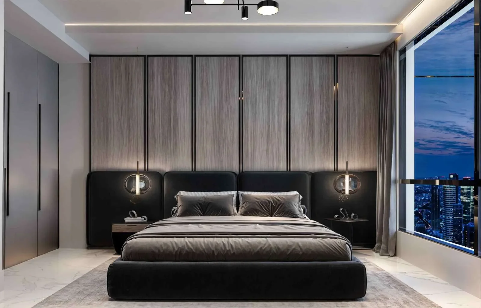 Cheval Riverside bedroom with an upholstered bed, pendant bedside lights and a large window overlooking city buildings.