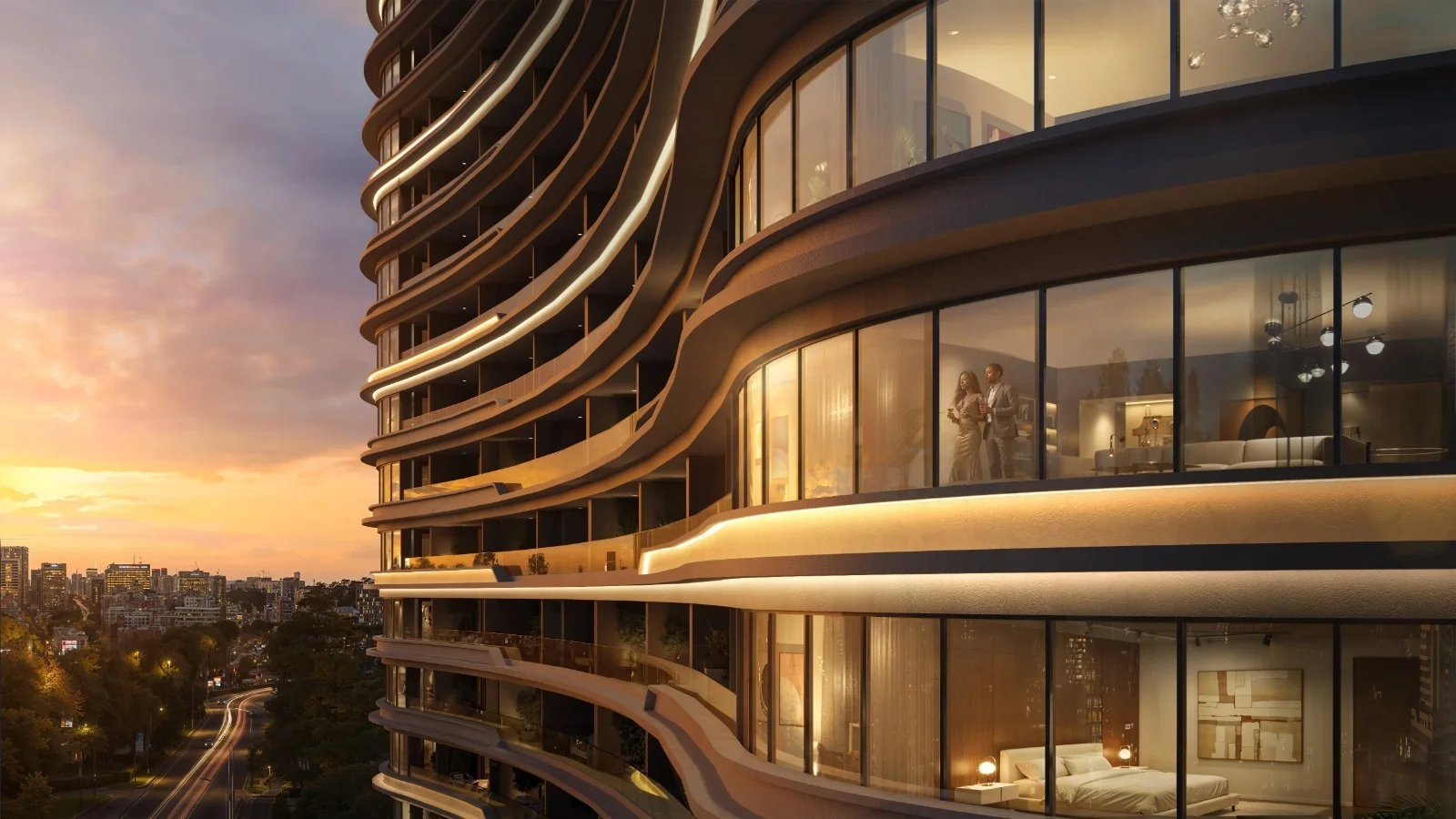 Cheval Riverside exterior rendering with curved balconies, large windows and illuminated façade bands at sunset.