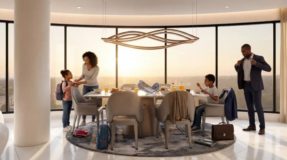Dining area at Cheval Riverside with large windows, upholstered chairs and a sculptural pendant light.