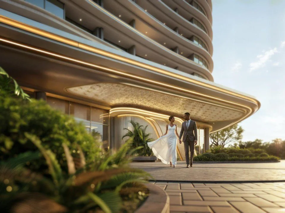 Cheval Riverside entrance rendering with an illuminated curved canopy, landscaped planting and two people on the paved walkway.