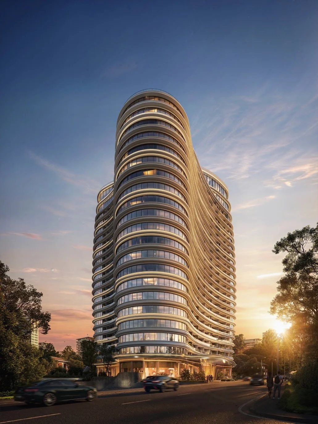 Cheval Riverside exterior rendering showing a curved facade, rows of windows and street traffic at sunset.