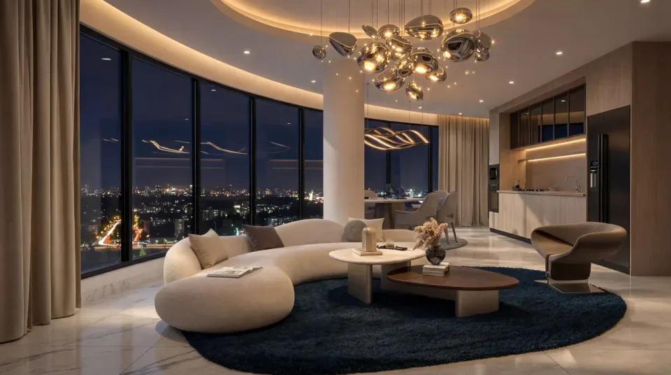 Cheval Riverside living area rendering with a curved sofa, open kitchen and city lights beyond floor-to-ceiling windows.