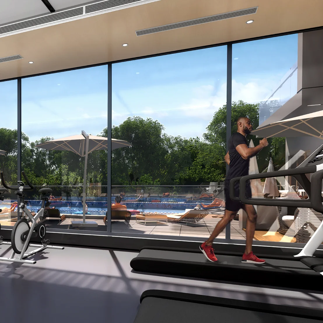 Clermont Residence gym rendering with a treadmill user, exercise bike and swimming pool visible through large windows.