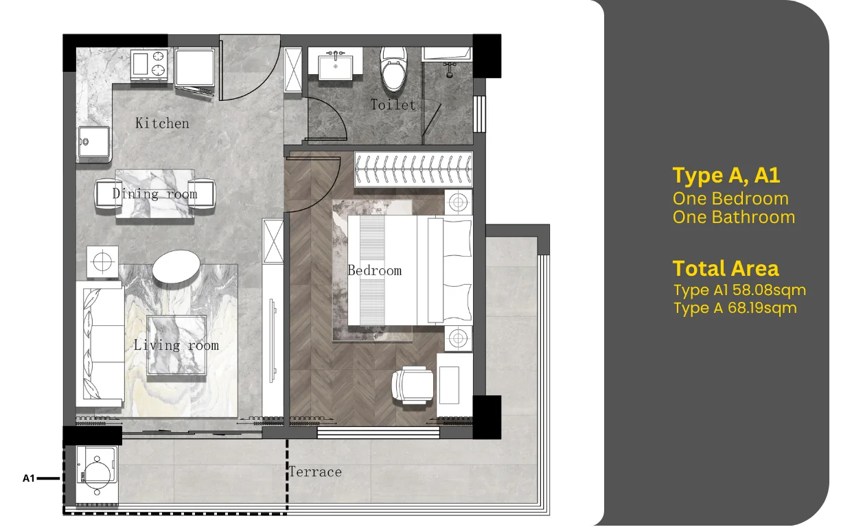 Clermont Residence Type A and A1 one-bedroom floor plan with kitchen, living area, bathroom and terrace.
