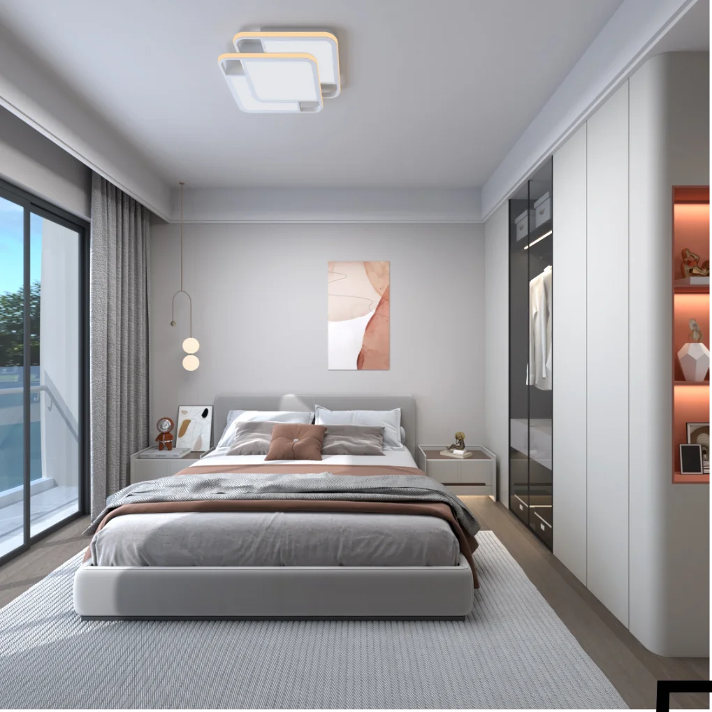 Bedroom rendering at Clermont Residence, Westlands, with an upholstered bed, fitted wardrobes and sliding glass balcony doors.