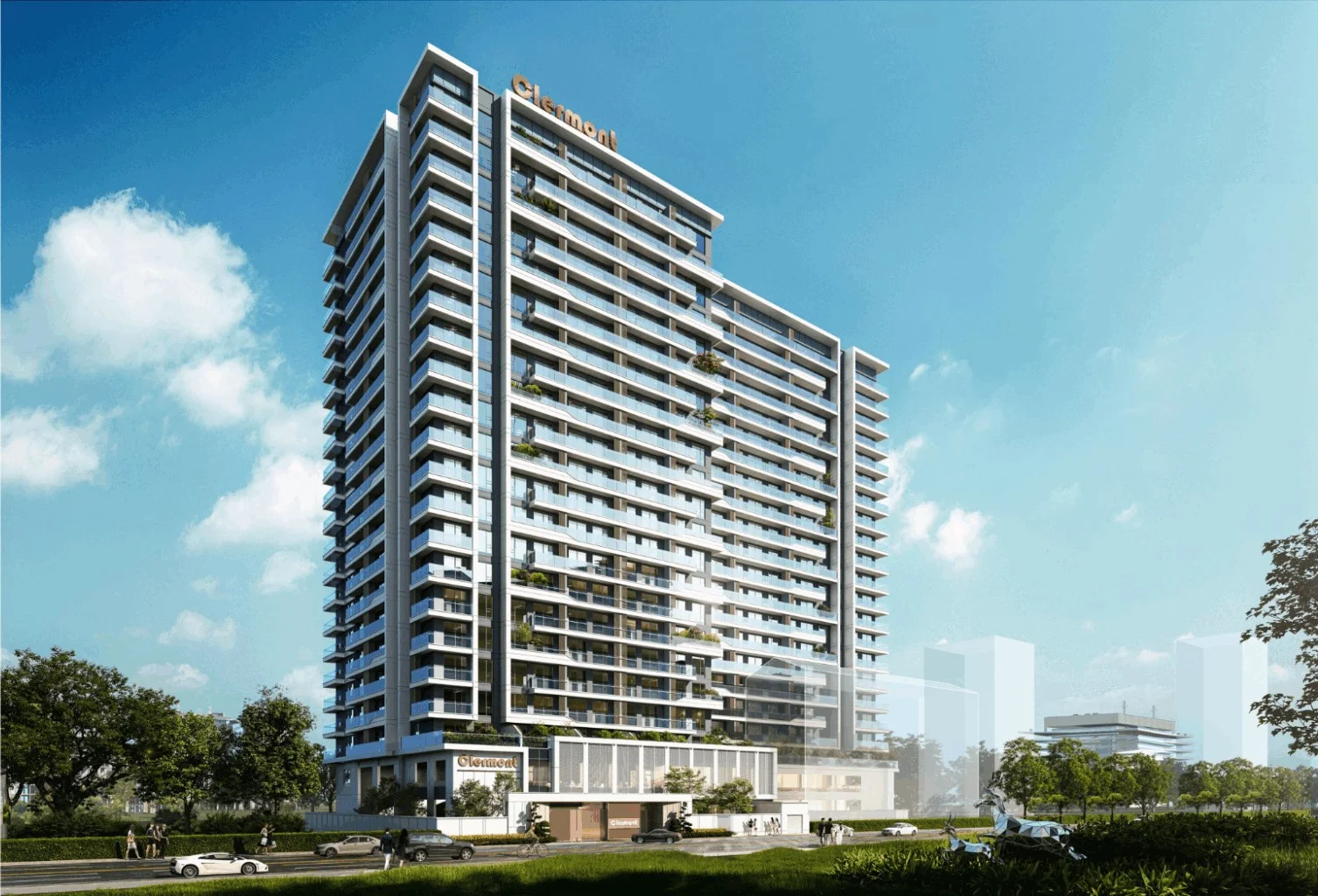 Exterior rendering of Clermont Residence in Westlands, showing a high-rise tower with glass balconies and landscaped frontage.