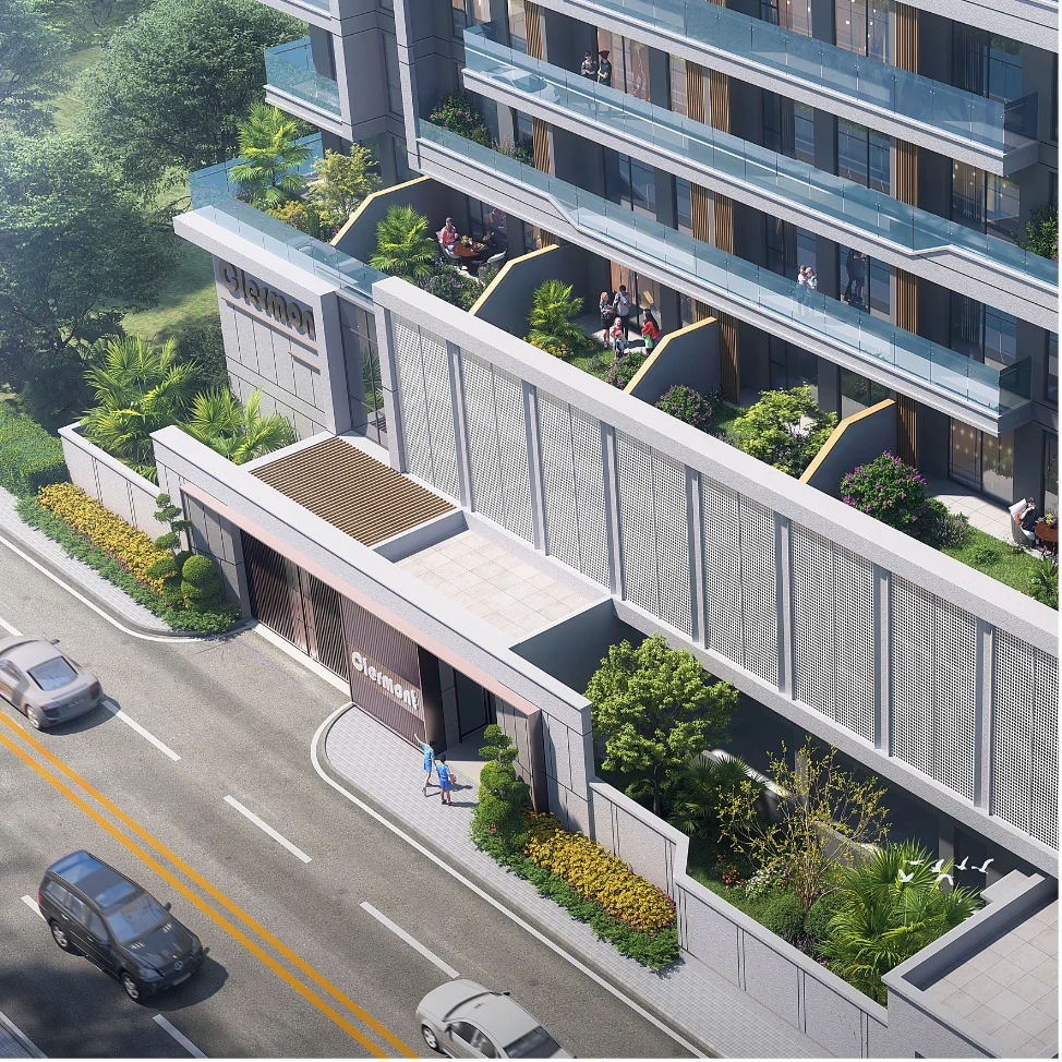 Exterior rendering of Clermont Residence in Westlands, showing landscaped terraces, glass-railed balconies and the street-facing entrance.
