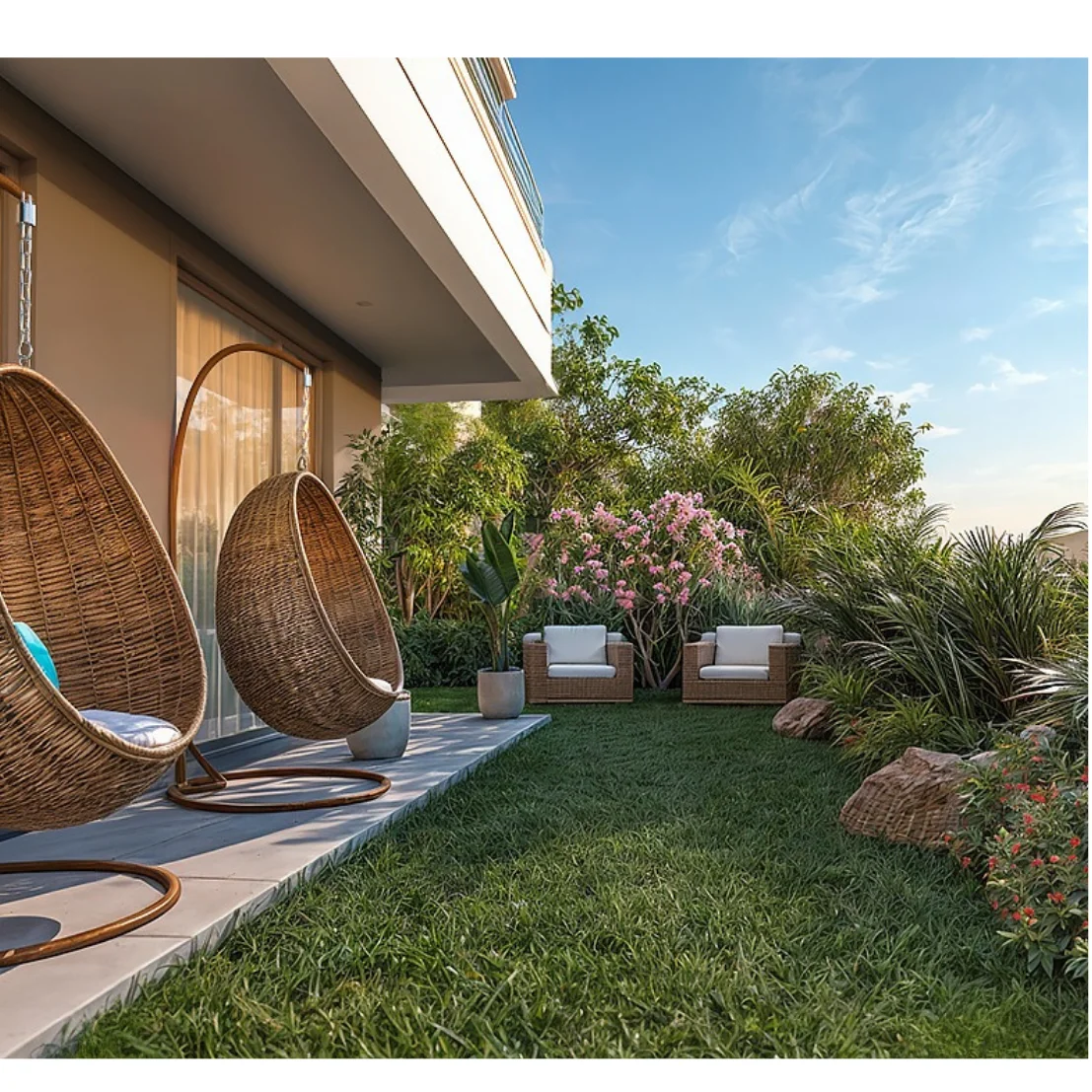 Garden rendering at Clermont Residence, Westlands, with hanging chairs, a lawn and flowering shrubs.