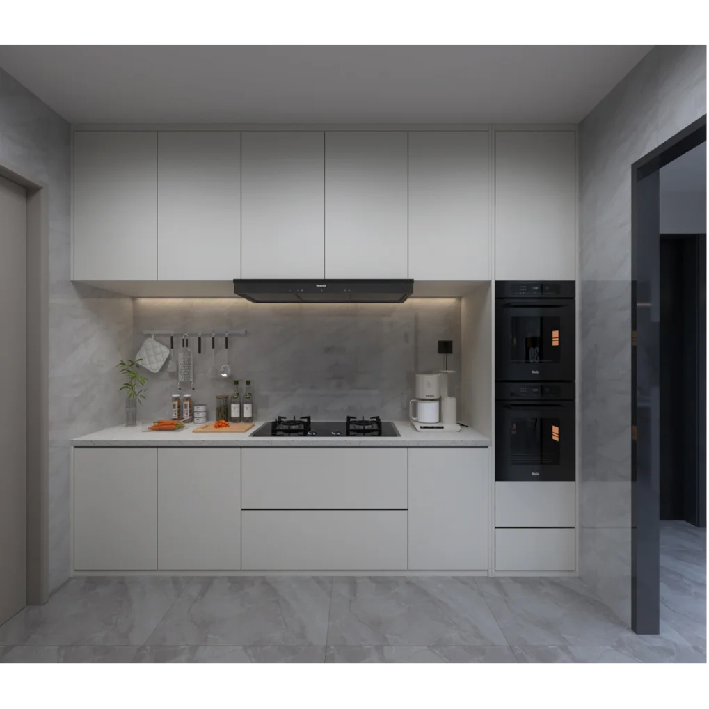 Kitchen rendering at Clermont Residence, Westlands, with white cabinets, gas hob, extractor hood and built-in appliances.