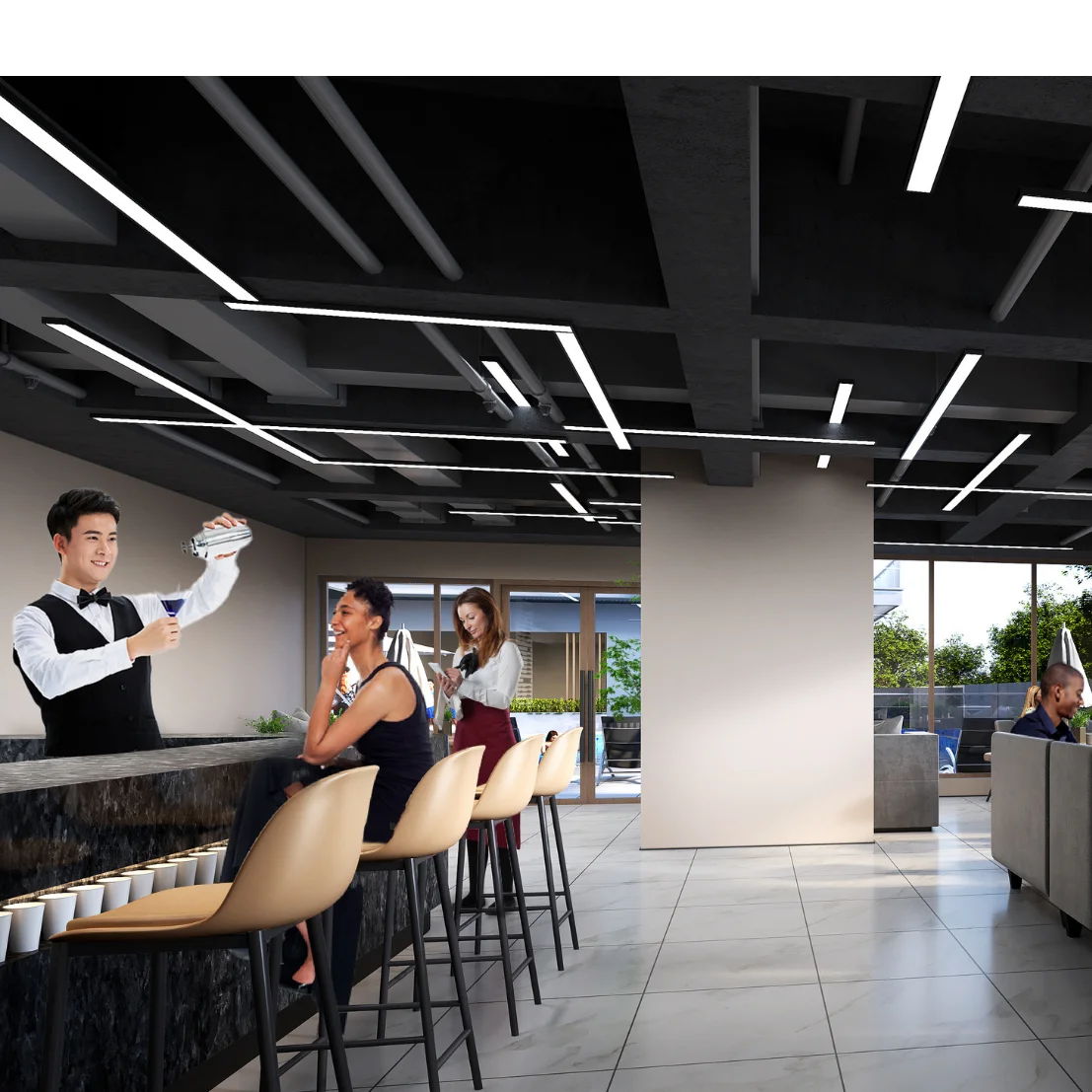 Lounge bar rendering at Clermont Residence, Westlands, with beige stools, a bartender and linear ceiling lights.