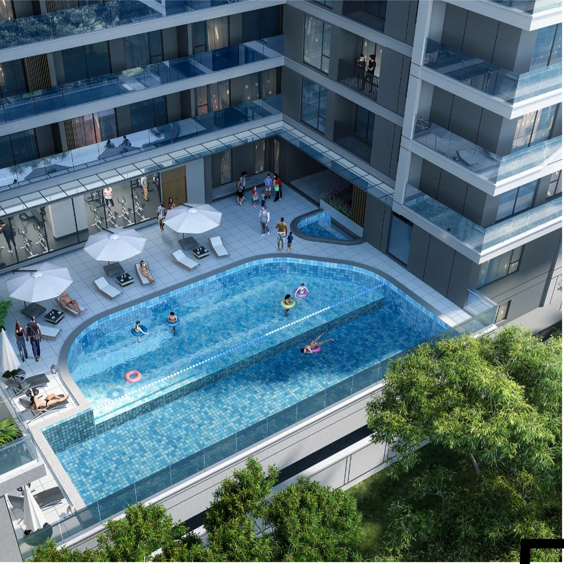 Rendering of Clermont Residence in Westlands, showing a swimming pool, loungers, parasols and surrounding apartment balconies.
