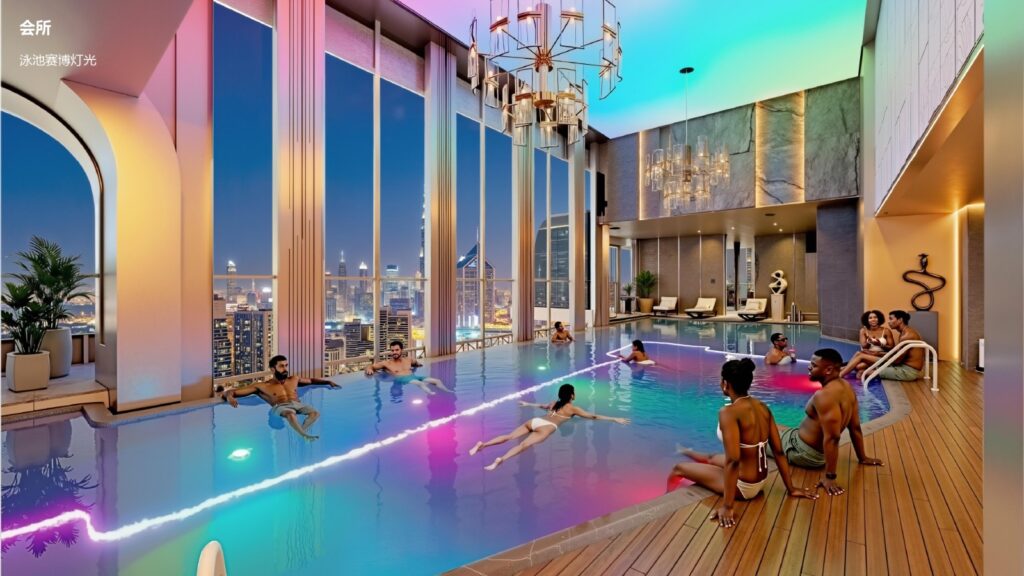 Indoor pool rendering for Dennis Pritt Road apartments, with tall windows, chandeliers and colourful lighting.