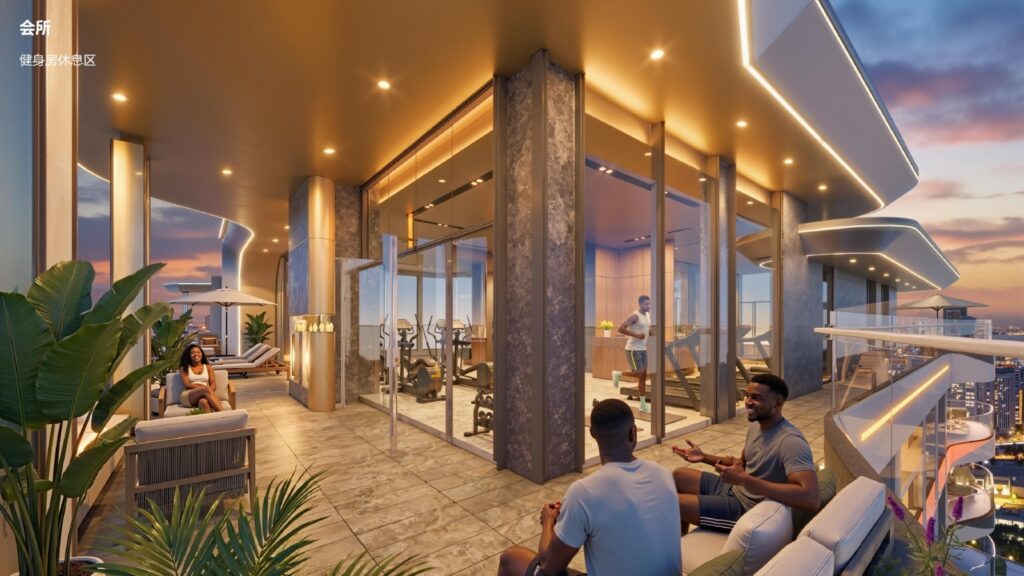 Rendering of a glass-enclosed rooftop gym with outdoor seating at Dennis Pritt Road apartments, Kilimani.