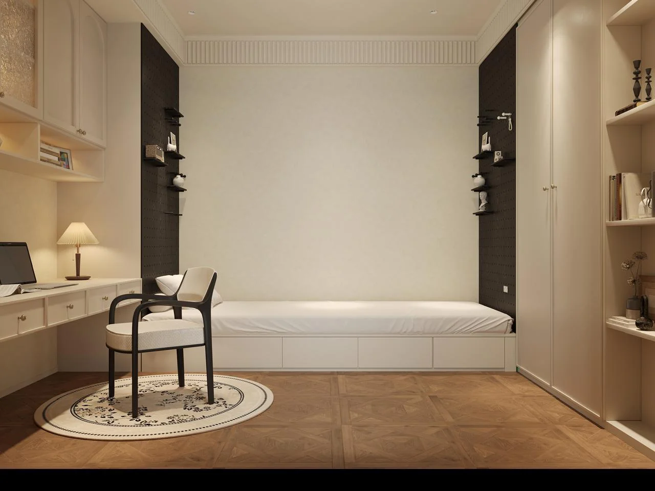 Bedroom rendering at Donyo Ridge with a bed, built-in desk, upholstered chair and cream storage cabinets.