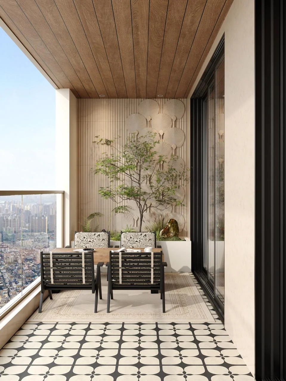 Balcony rendering at Donyo Ridge, Westlands, with dining furniture, patterned flooring, plants and a glass railing.
