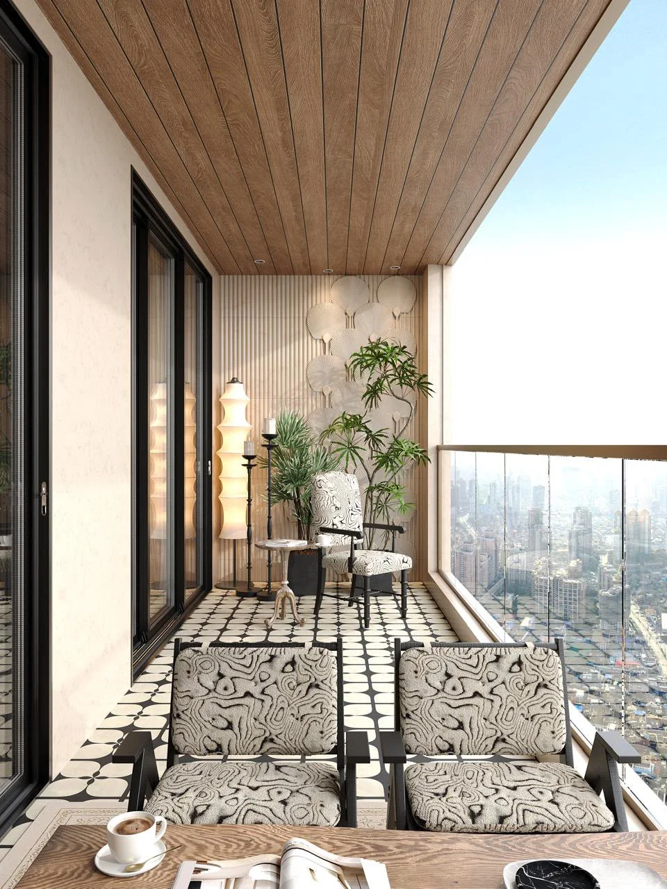 Balcony rendering at Donyo Ridge, Westlands, with patterned chairs, potted plants and a glass railing.