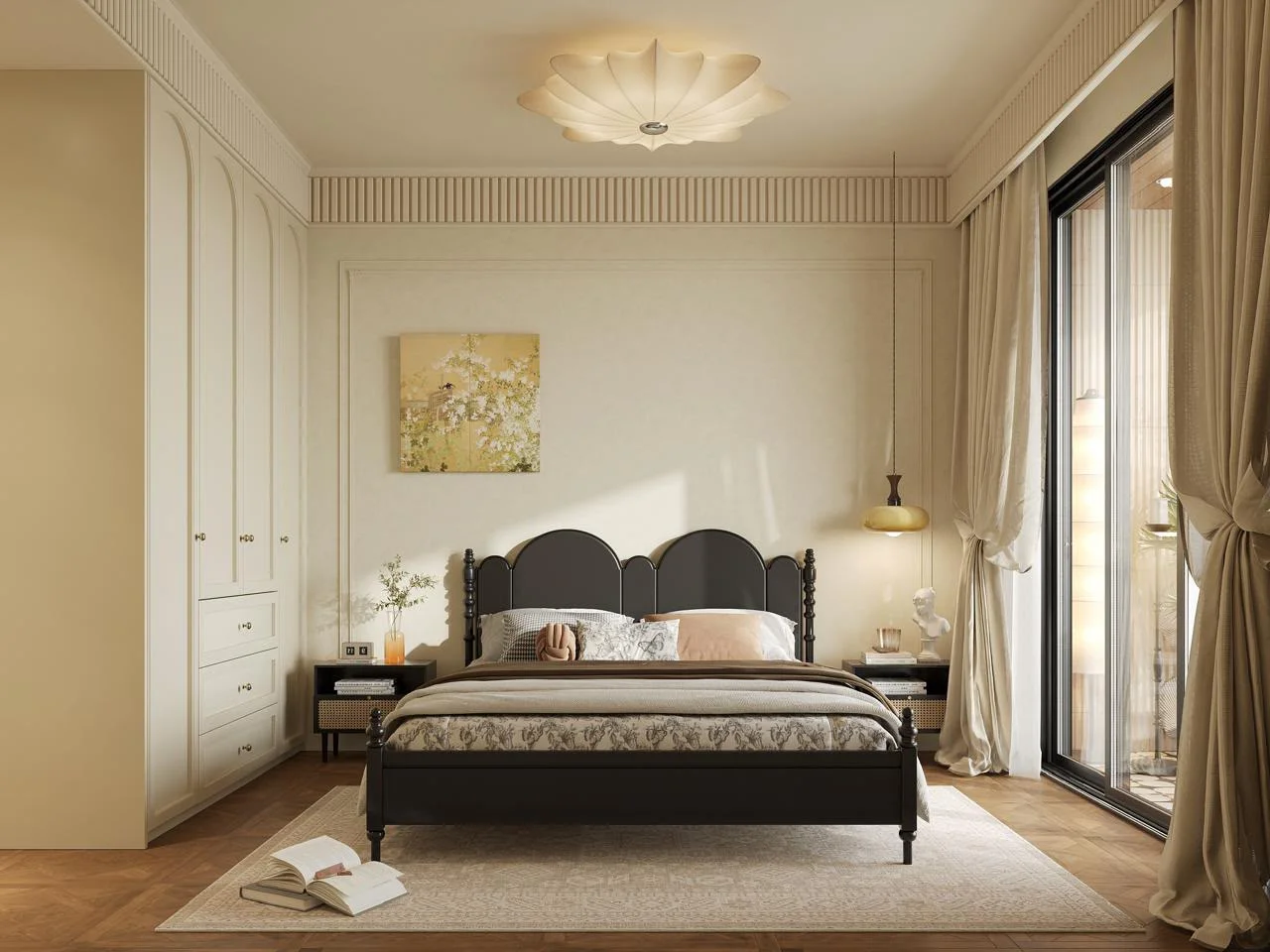 Bedroom design at Donyo Ridge, Westlands, with a dark bed frame, built-in wardrobes and cream curtains.