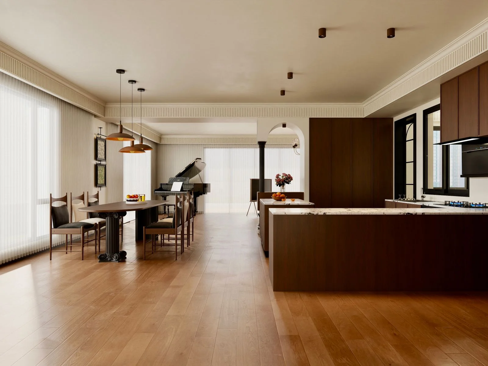 Rendered open-plan kitchen and dining area with a grand piano at Donyo Ridge, Westlands.