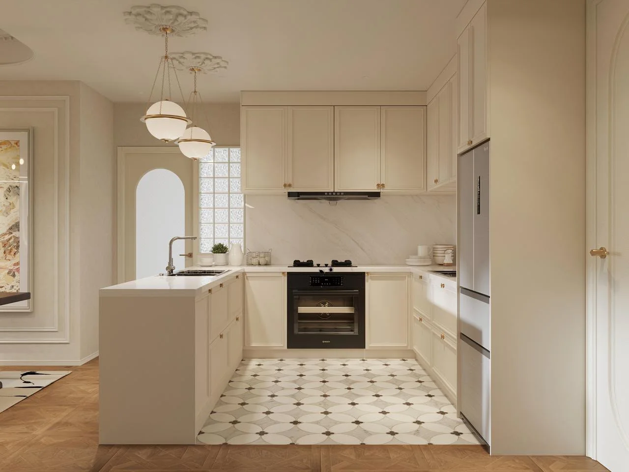 Donyo Ridge kitchen with cream cabinets, globe pendant lights, a built-in oven and patterned floor tiles.